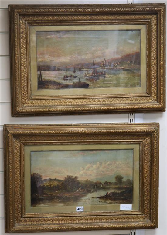 Williams and Collins, two oils on canvas, figures beside a river and Swiss lake scene, signed, 25 x 45cm